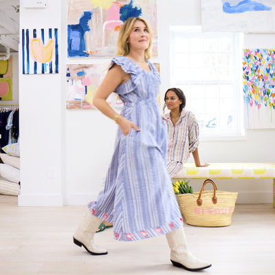 blue and white stripe cotton maxi dress with ruffle shoulder, feminine romantic summer dresses by Kerri Rosenthal