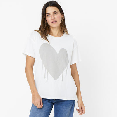 cute grey drippy heart graphic on white tee - 100% cotton designer tees for women by Kerri Rosenthal